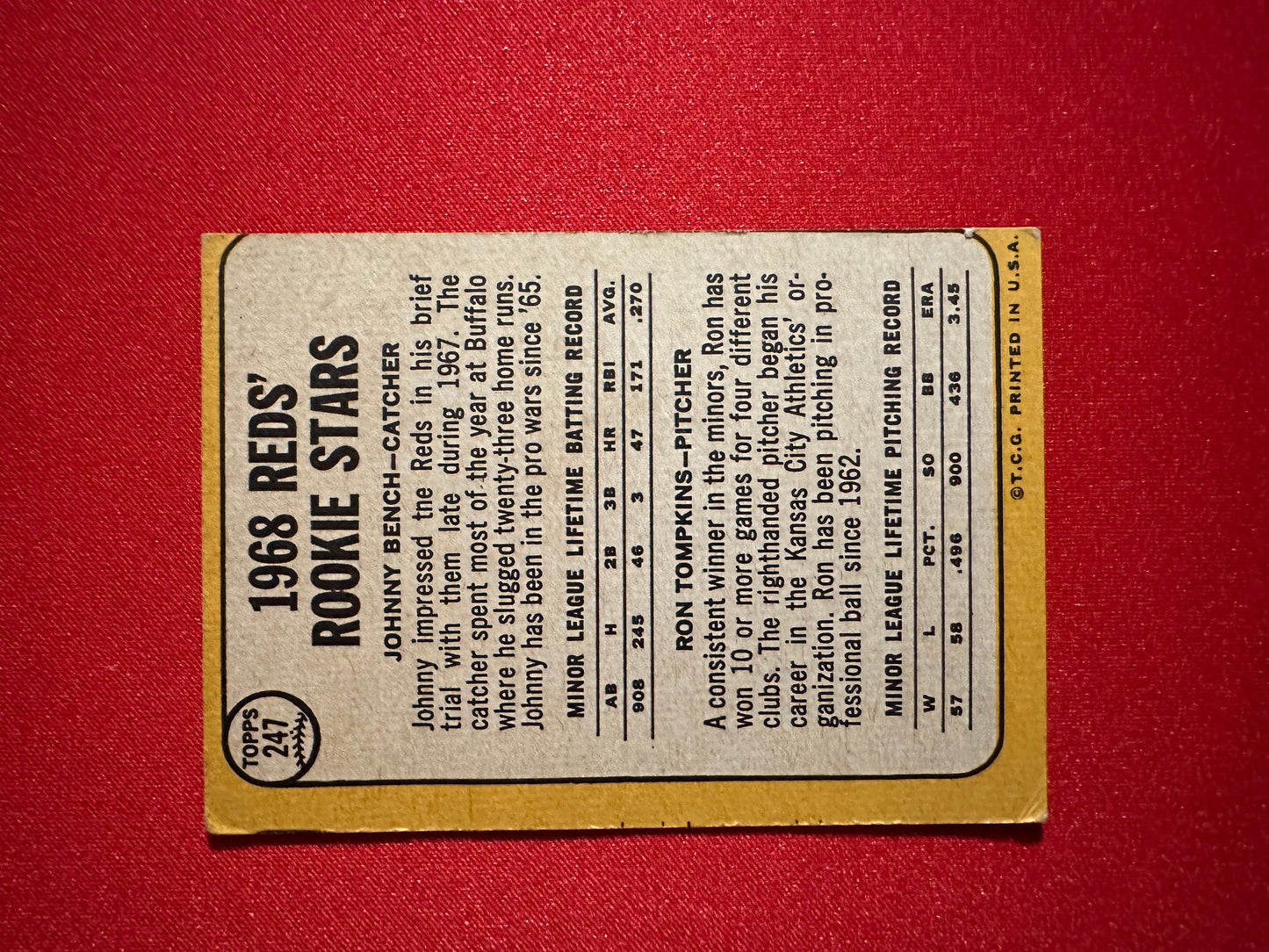 1968 Topps #247 Johnny Bench Rookie RC - Great Color - Clean Back - No Creases