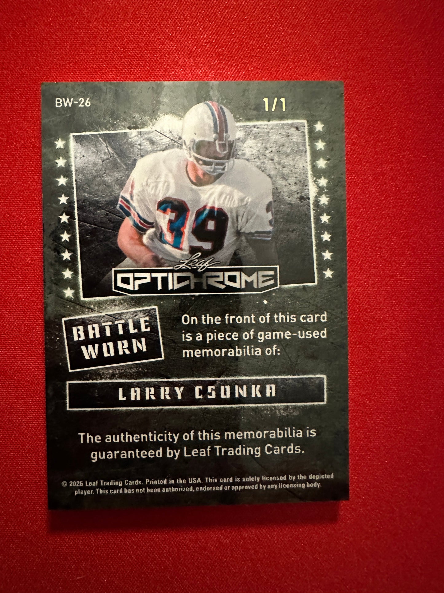 (2026/05/26) Larry Csonka Battle Worn Patch 1/1 2026 Leaf Optichrome Football