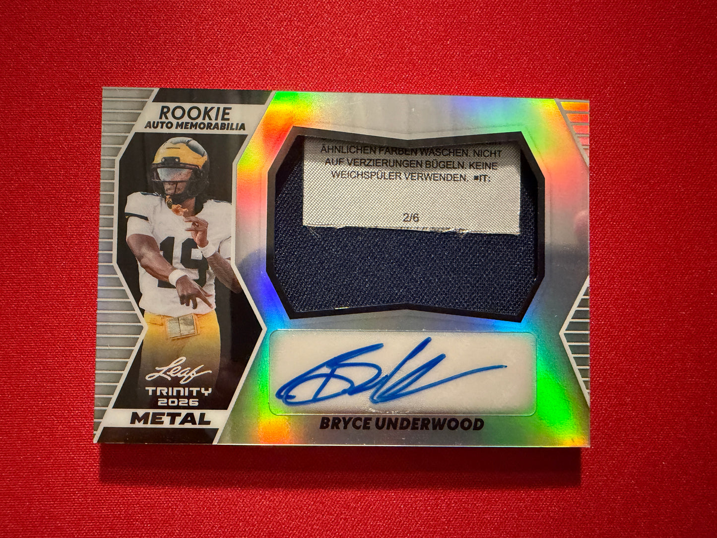 Bryce Underwood 2026 Leaf Trinity Football Rookie Auto Memo Metal Tag Patch /15
