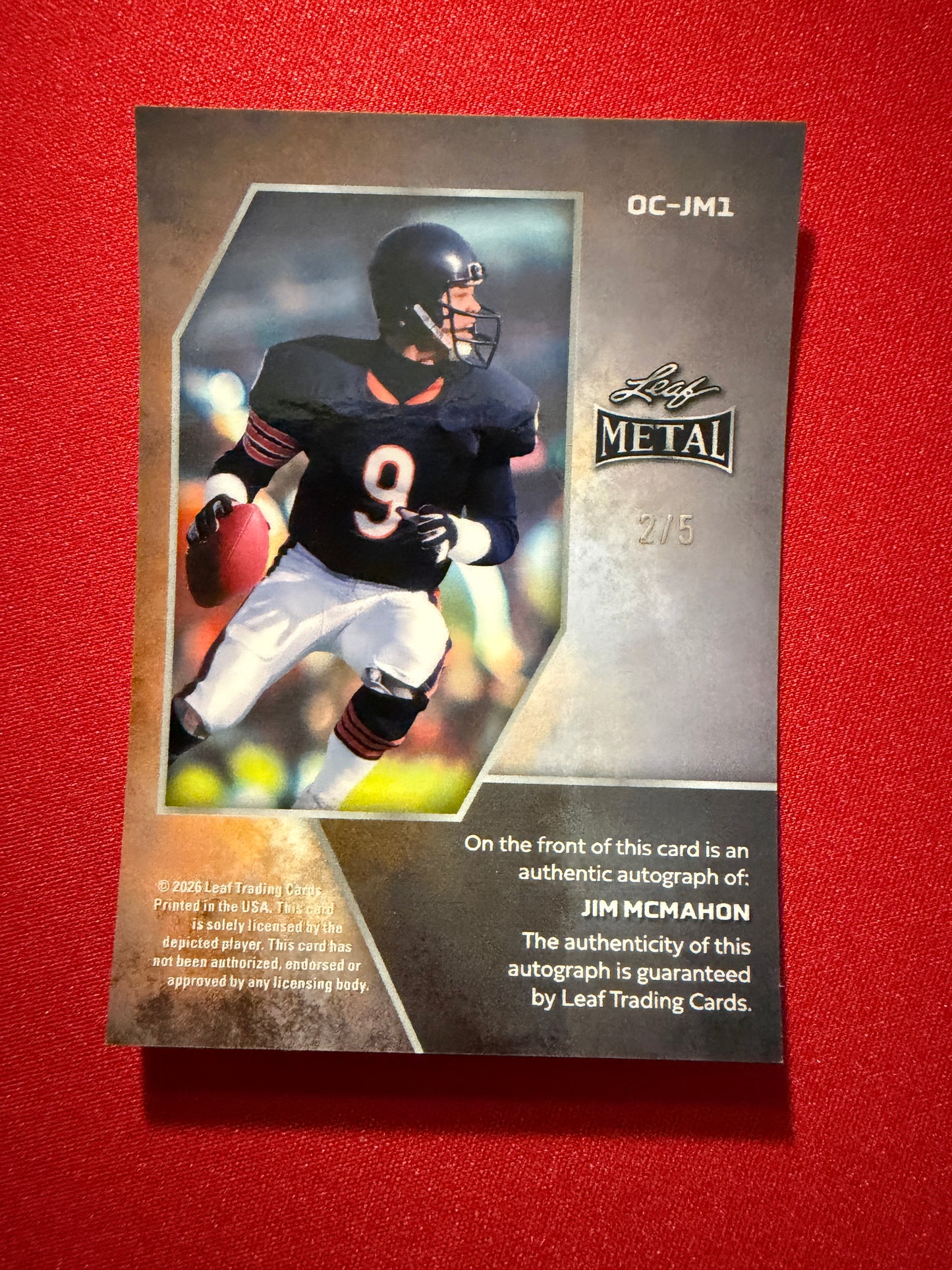 2026 Leaf Metal Football Jim McMahon On-Card Auto Pink Prismstic