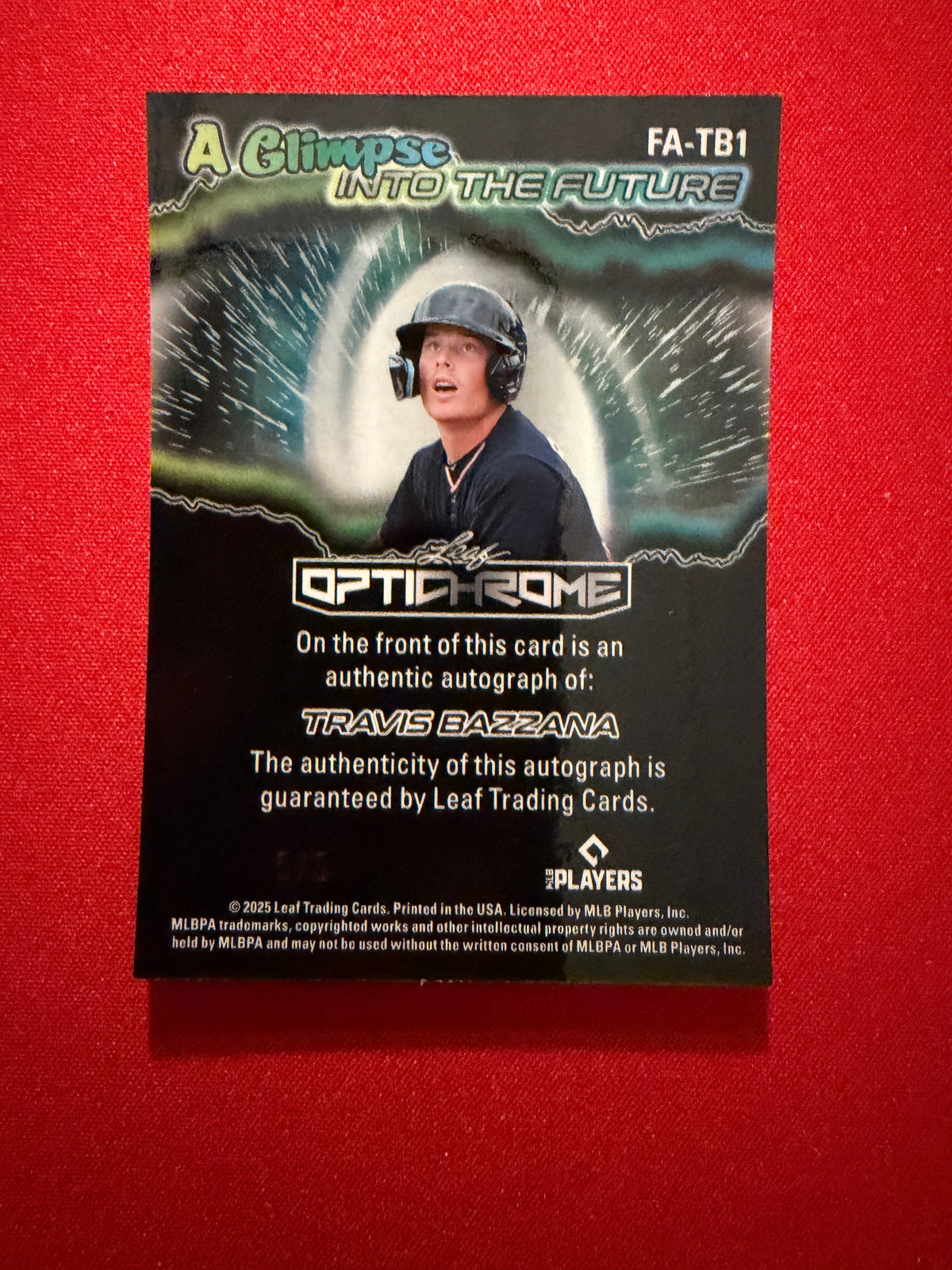 Travis Bazzana 2025 Leaf Optichrome Glimpse Into Future Auto 5/5 Bookend