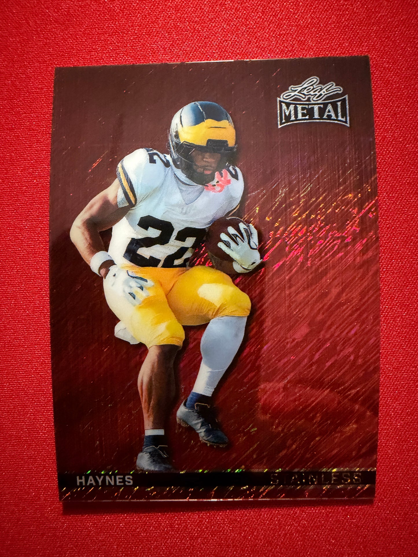 Justice Haynes 2026 Leaf Metal Football Stainless Red Shimmer 1/4