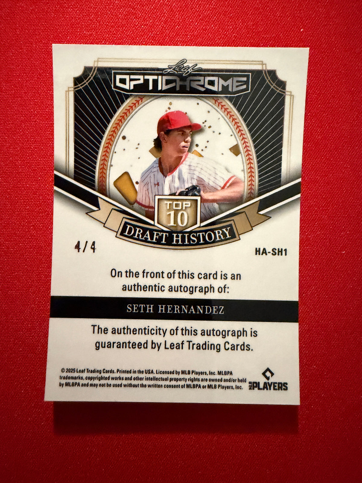 Seth Hernandez 2025 Leaf Optichrome Top 10 Draft History Auto Orange 4/4