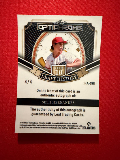 Seth Hernandez 2025 Leaf Optichrome Top 10 Draft History Auto Orange 4/4