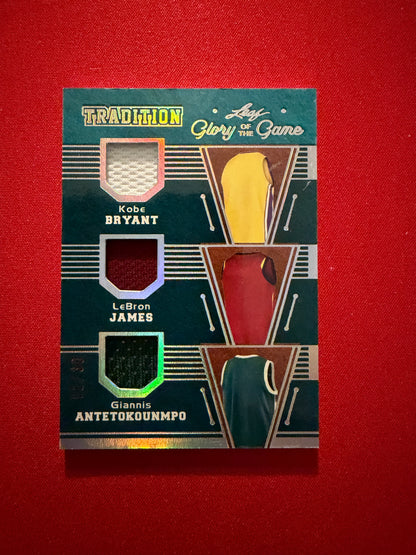 Kobe Bryant LeBron James Giannis 2025 Leaf Glory of the Game Basketball Tradition Triple Game-Used Relic /30