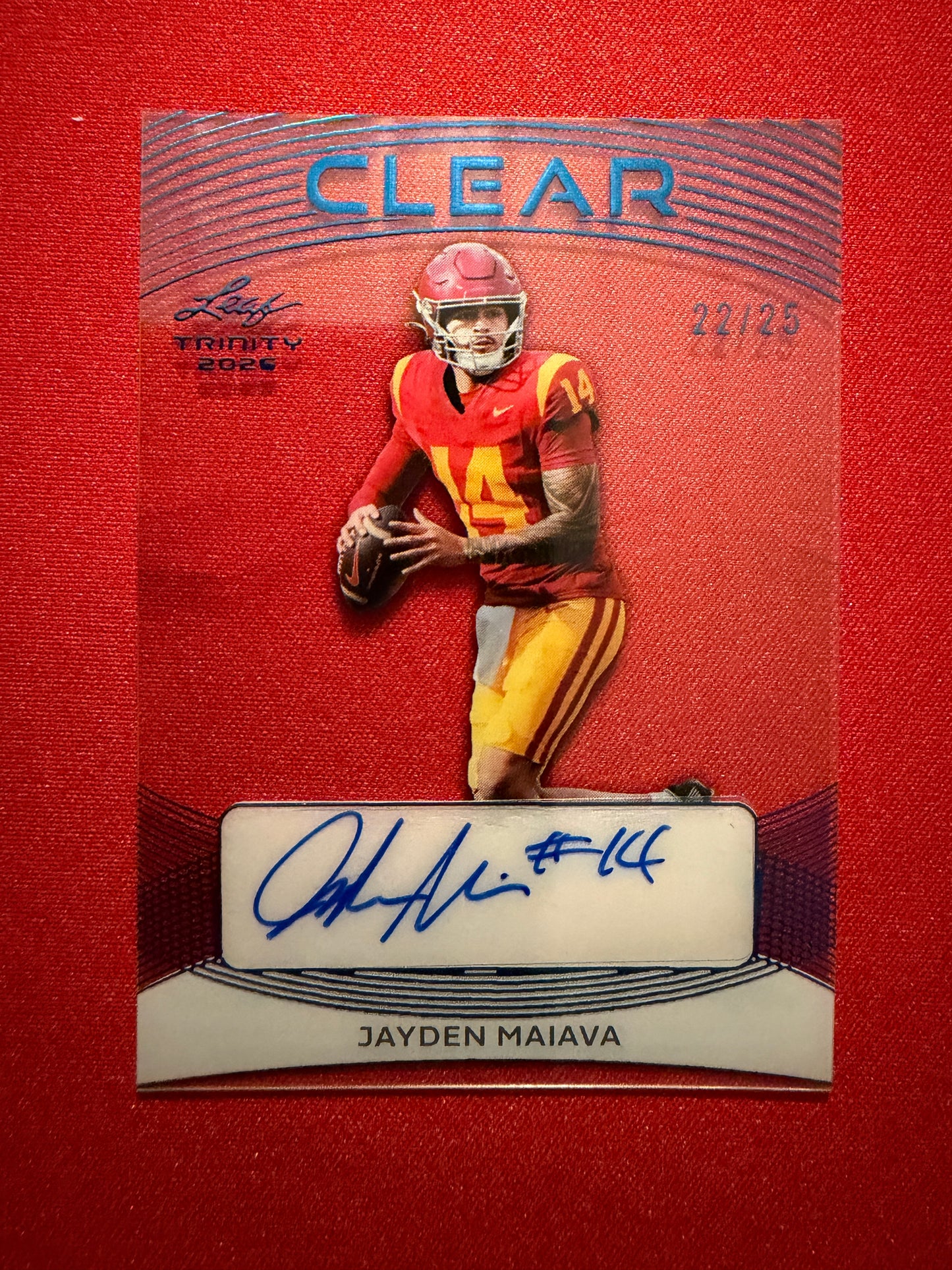 Jayden Maiava 2026 Leaf Trinity Football Clear Acetate Auto Blue /25