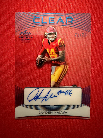 Jayden Maiava 2026 Leaf Trinity Football Clear Acetate Auto Blue /25