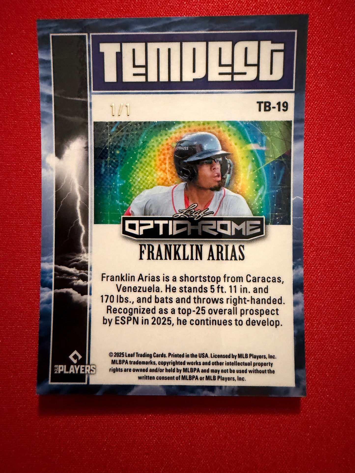 Franklin Arias 2025 Leaf Optichrome Baseball Tempest Auto Red Lava 1/1