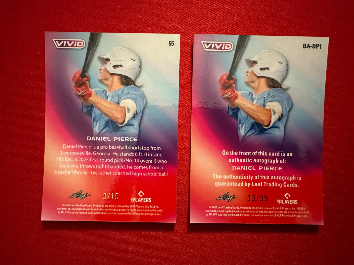 Daniel Pierce 2026 Leaf Vivid Baseball Two-Card Premium Retail Lot