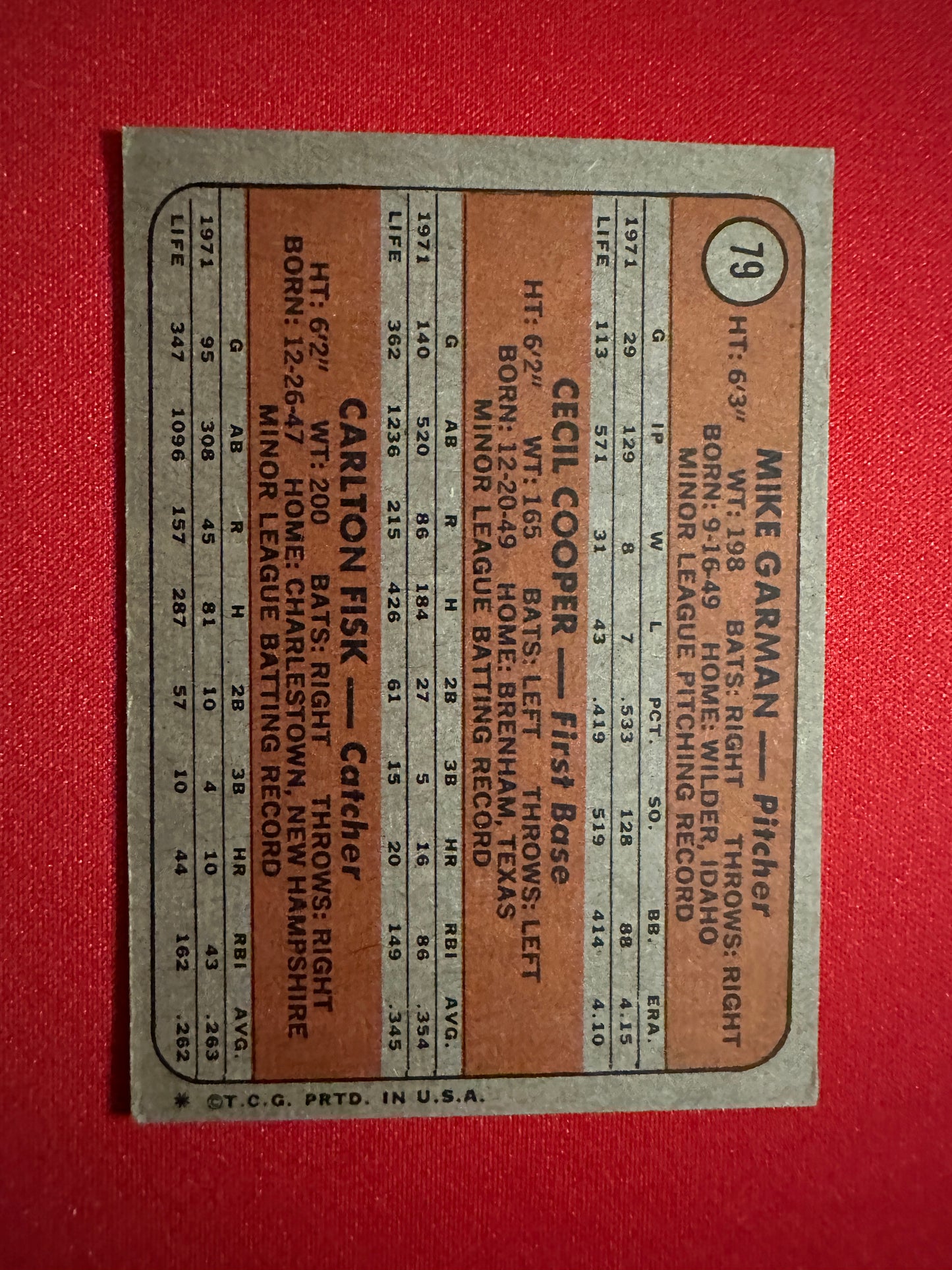 1972 Topps #79 CARLTON FISK Rookie Card RC - Red Sox - VG Condition