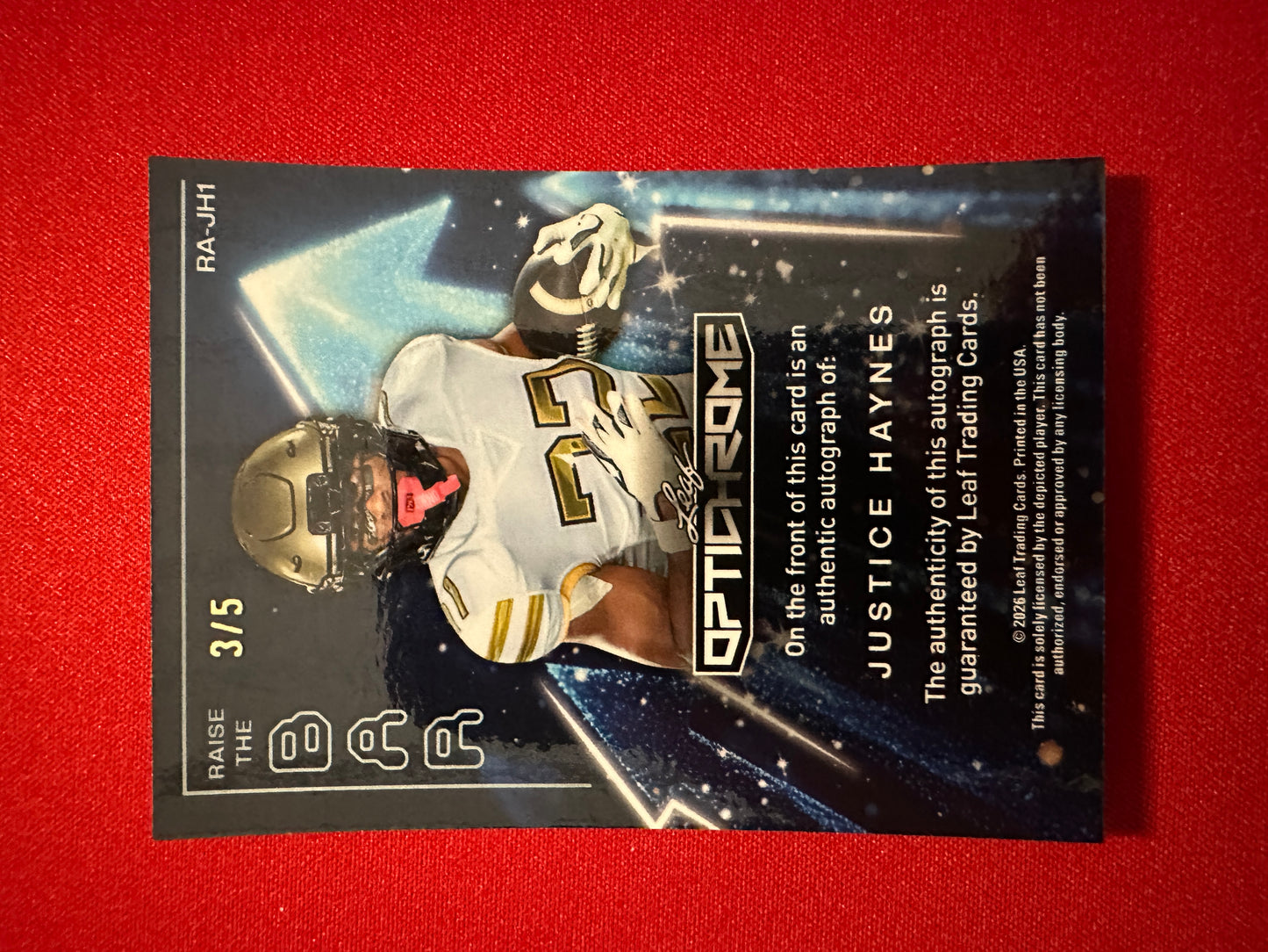 Justice Haynes 2026 Leaf Optichrome Football Raise the Bar Blue Prismatic Autograph /5