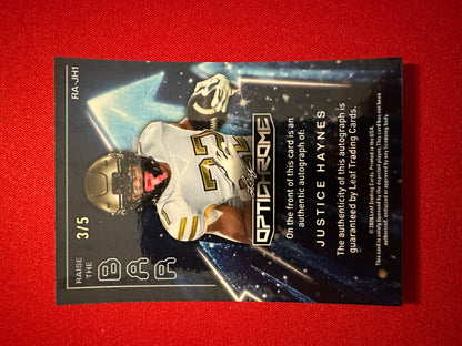 Justice Haynes 2026 Leaf Optichrome Football Raise the Bar Blue Prismatic Autograph /5