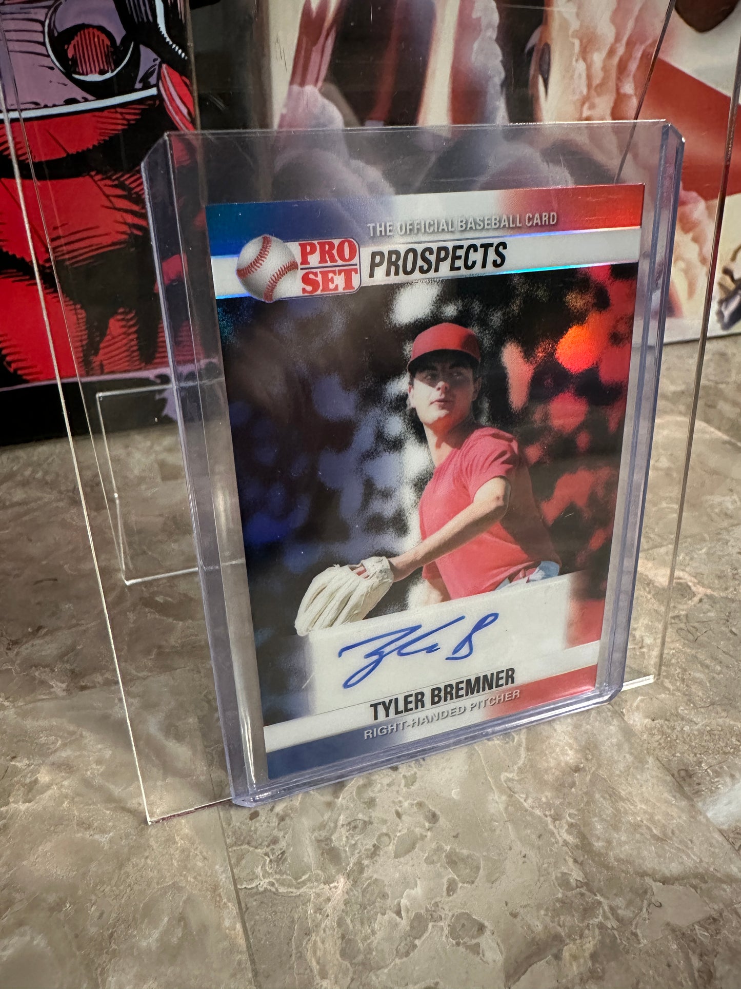 Tyler Bremner 2026 Leaf Pro Set Prospects 1990 Red, White and Blue Prismatic Auto 1/1