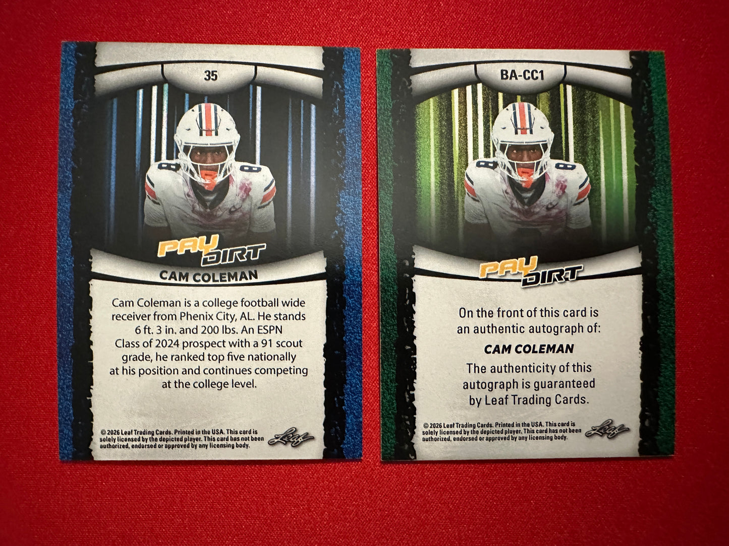 Cam Coleman 2026 Leaf Paydirt Football Two-Card Short-Print Parallel Lot