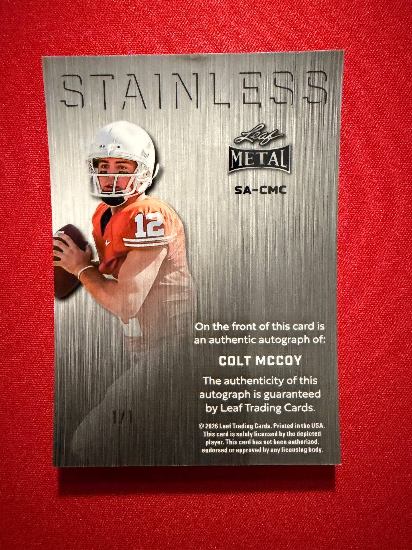 2026 Leaf Metal Football Colt McCoy Stainless Auto Red Flood Super Prismatic 1/1