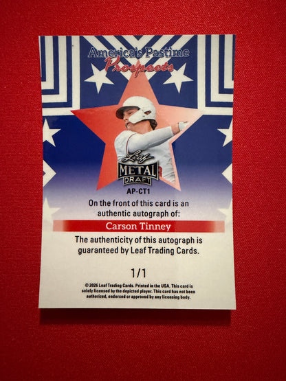 Carson Tinney 2026 Leaf Metal Draft Edition America’s Pastime Prospects Auto Black 1/1