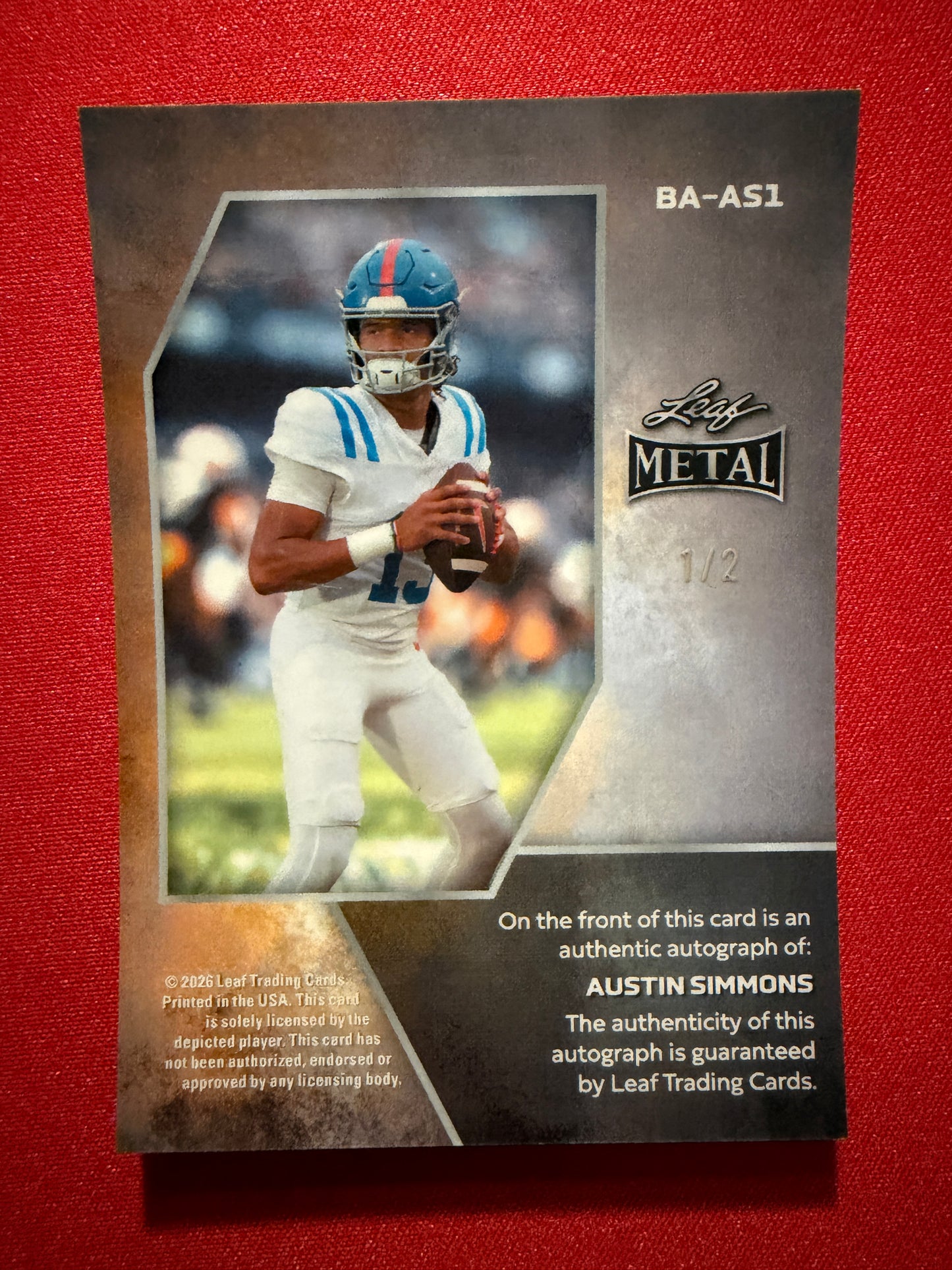 Austin Simmons 2026 Leaf Metal Football Base Auto Black Shimmer 1/2