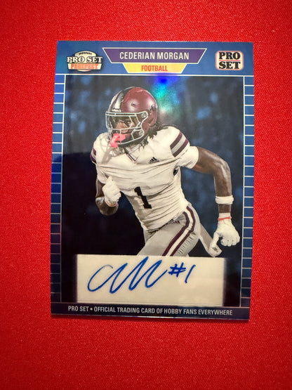 2026 Leaf Pro Set Metal Football Cederian Morgan 1989 Auto Blue 1/5 Bookend