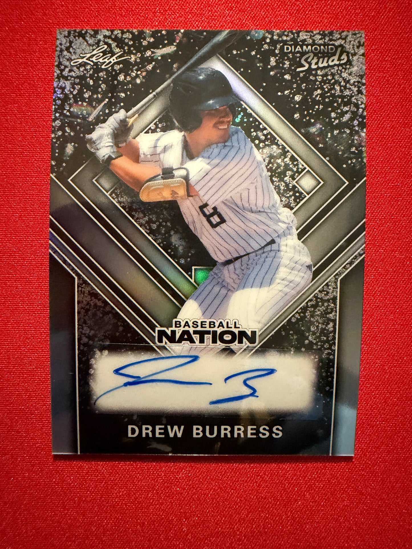 Drew Burress 2026 Leaf Baseball Nation Diamond Studs Silver Prismatic Auto /25
