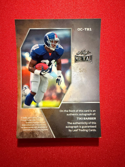 2026 Leaf Metal Football Base Platinum Blue Shimmer On-Card Autograph Tiki Barber 5/5