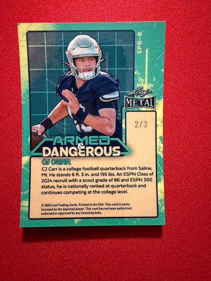 2026 Leaf Metal Football CJ Carr Armed and Dangerous Green Shimmer 2/3