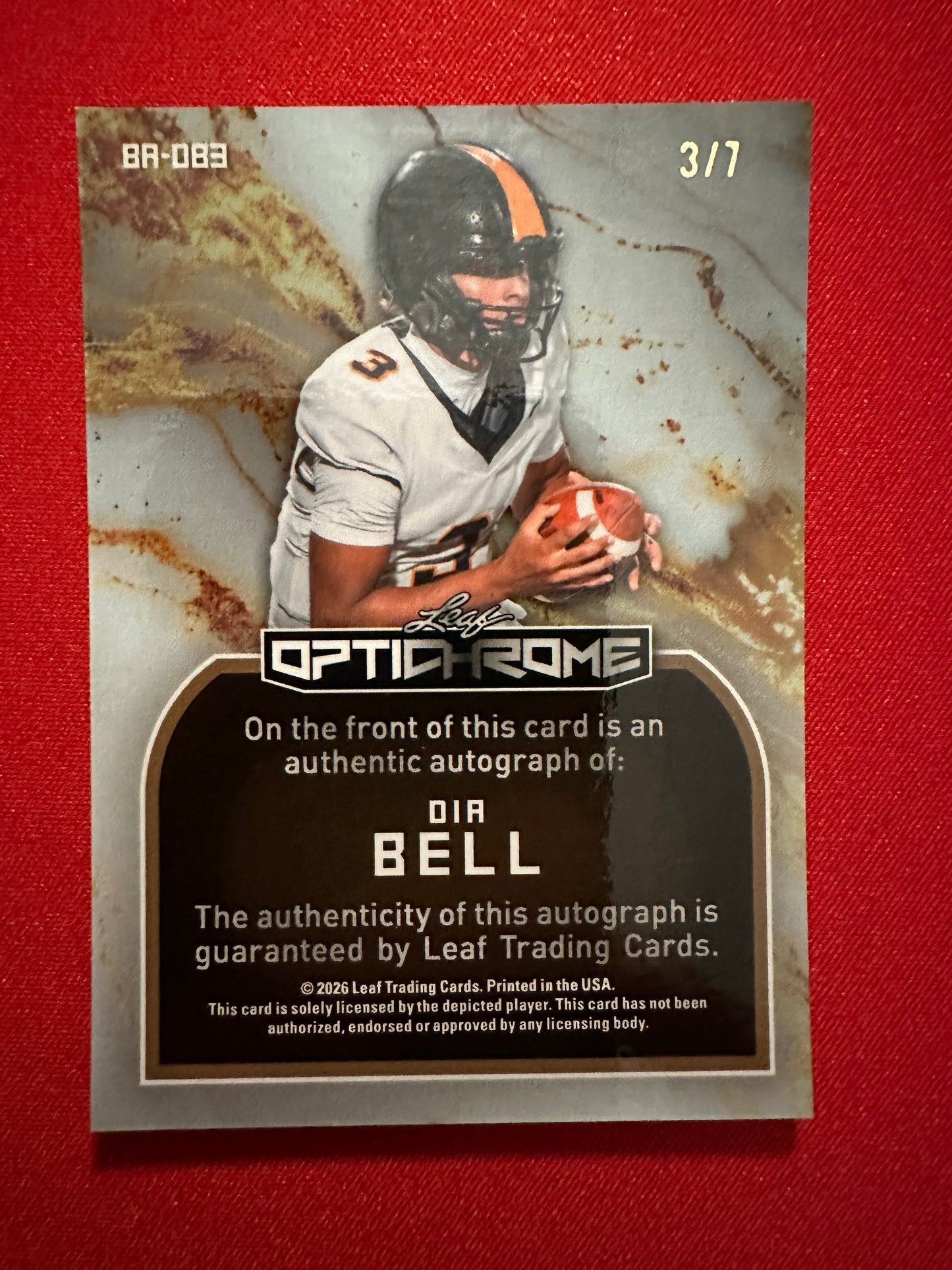 2026 Leaf Optichrome Football Dia Bell Base Autograph Purple Prismatic /7