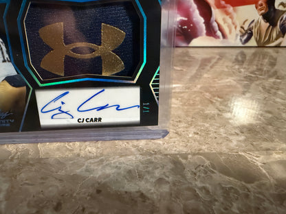 CJ Carr 2026 Leaf Trinity Rookie Auto Mem Black Gold Under Armor Logo Patch 1/1