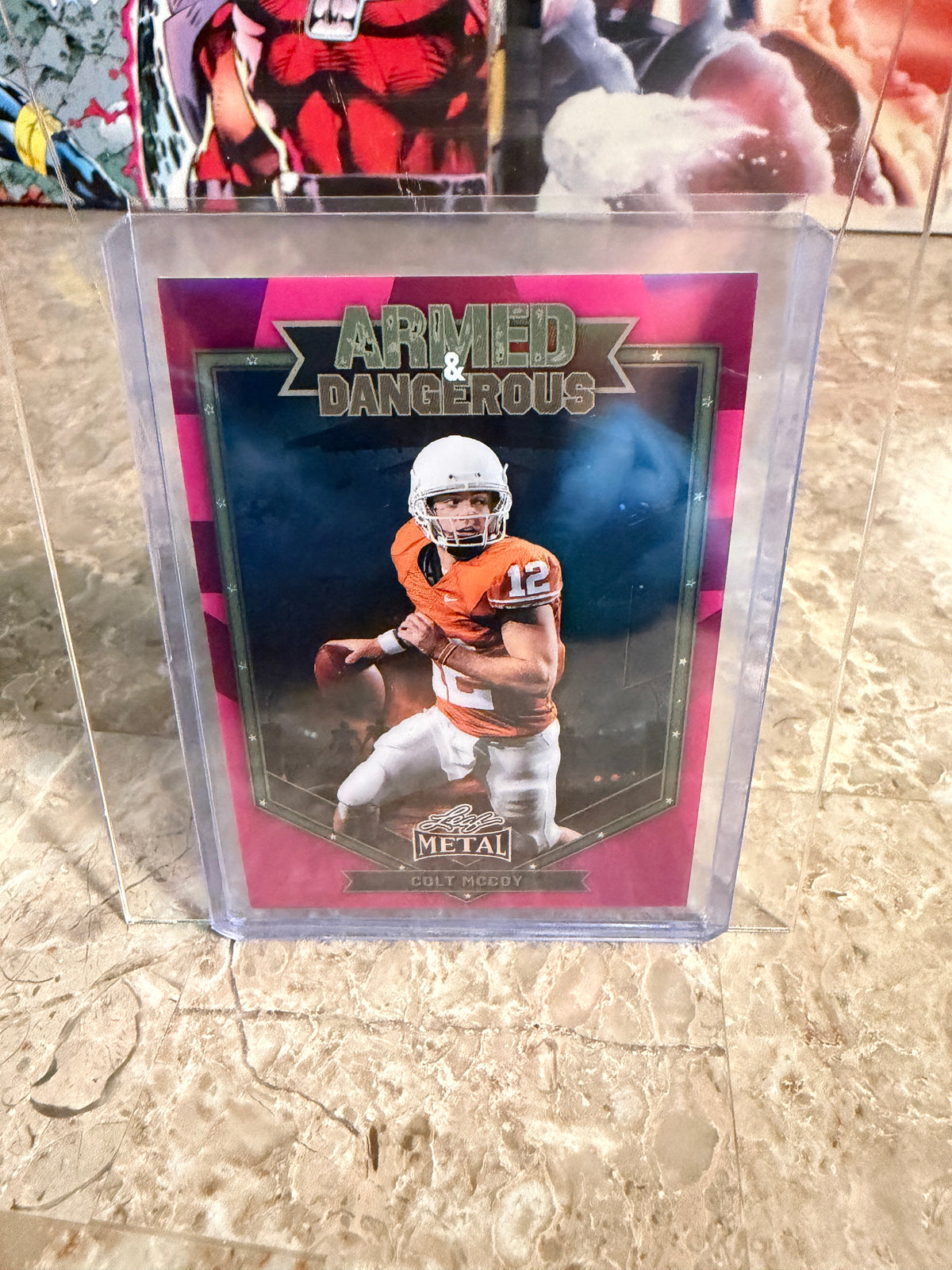 2026 Leaf Metal Colt McCoy Stainless Auto Red Flood Super 1/1 2-Card Lot