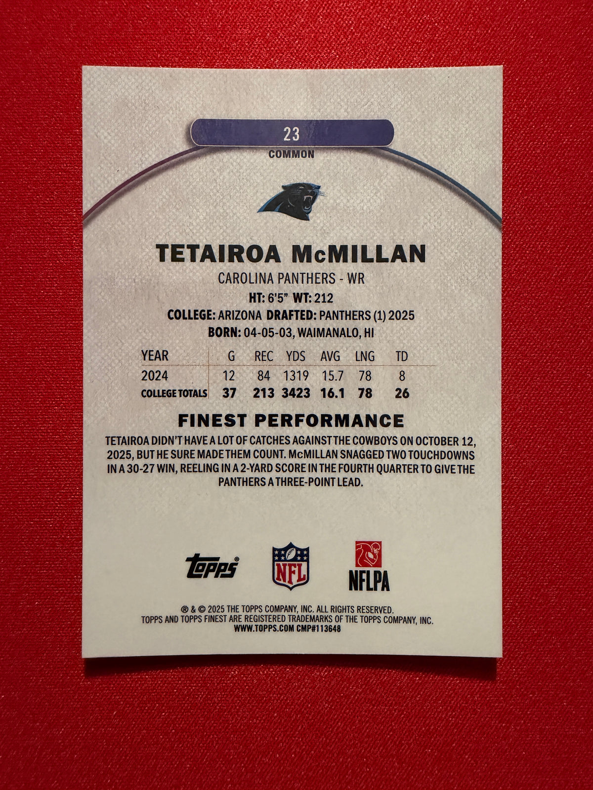 2025 Topps Finest Football Tetairoa McMillan Common Purple /250 #23