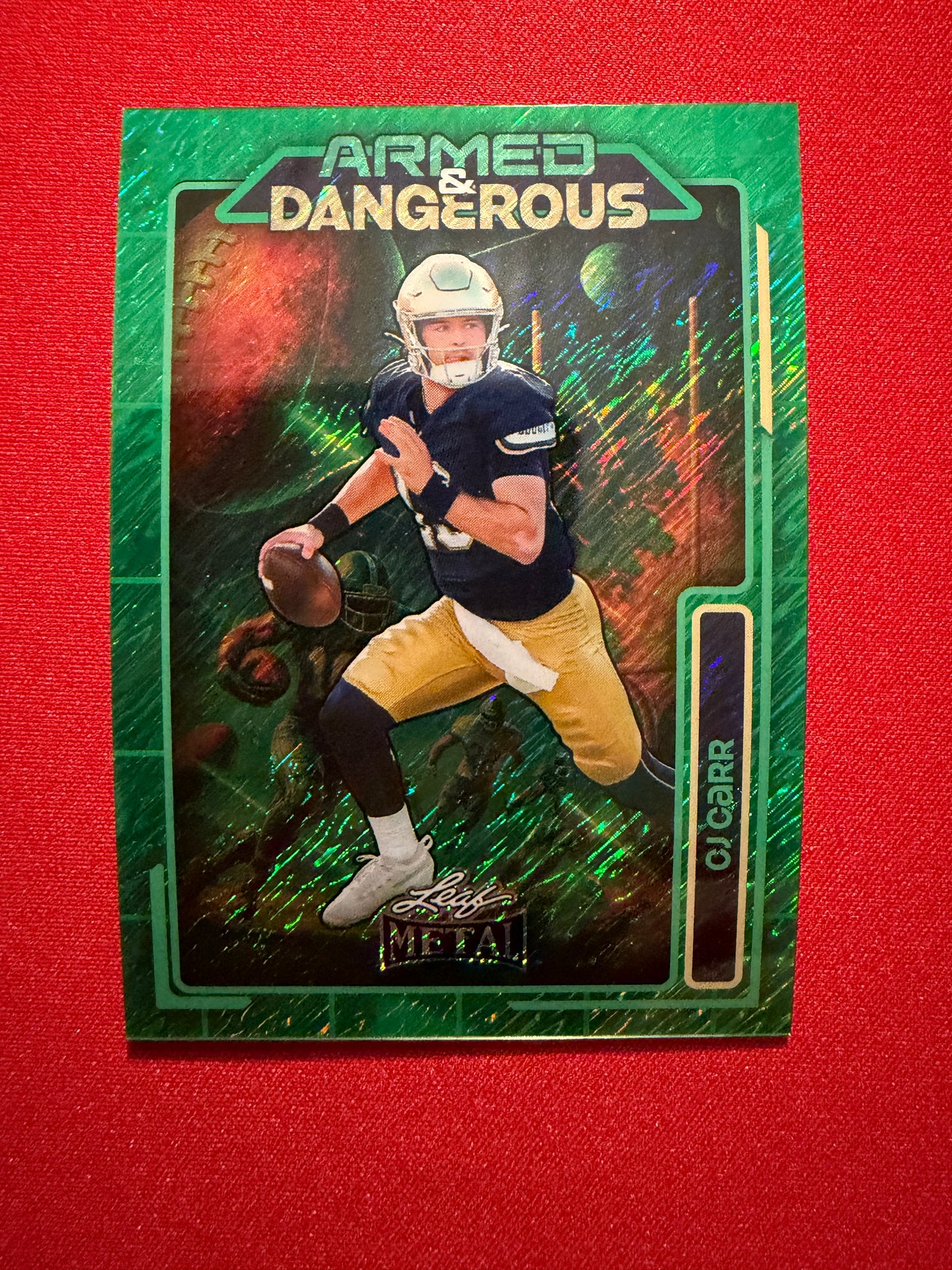 2026 Leaf Metal Football CJ Carr Armed and Dangerous Green Shimmer 2/3