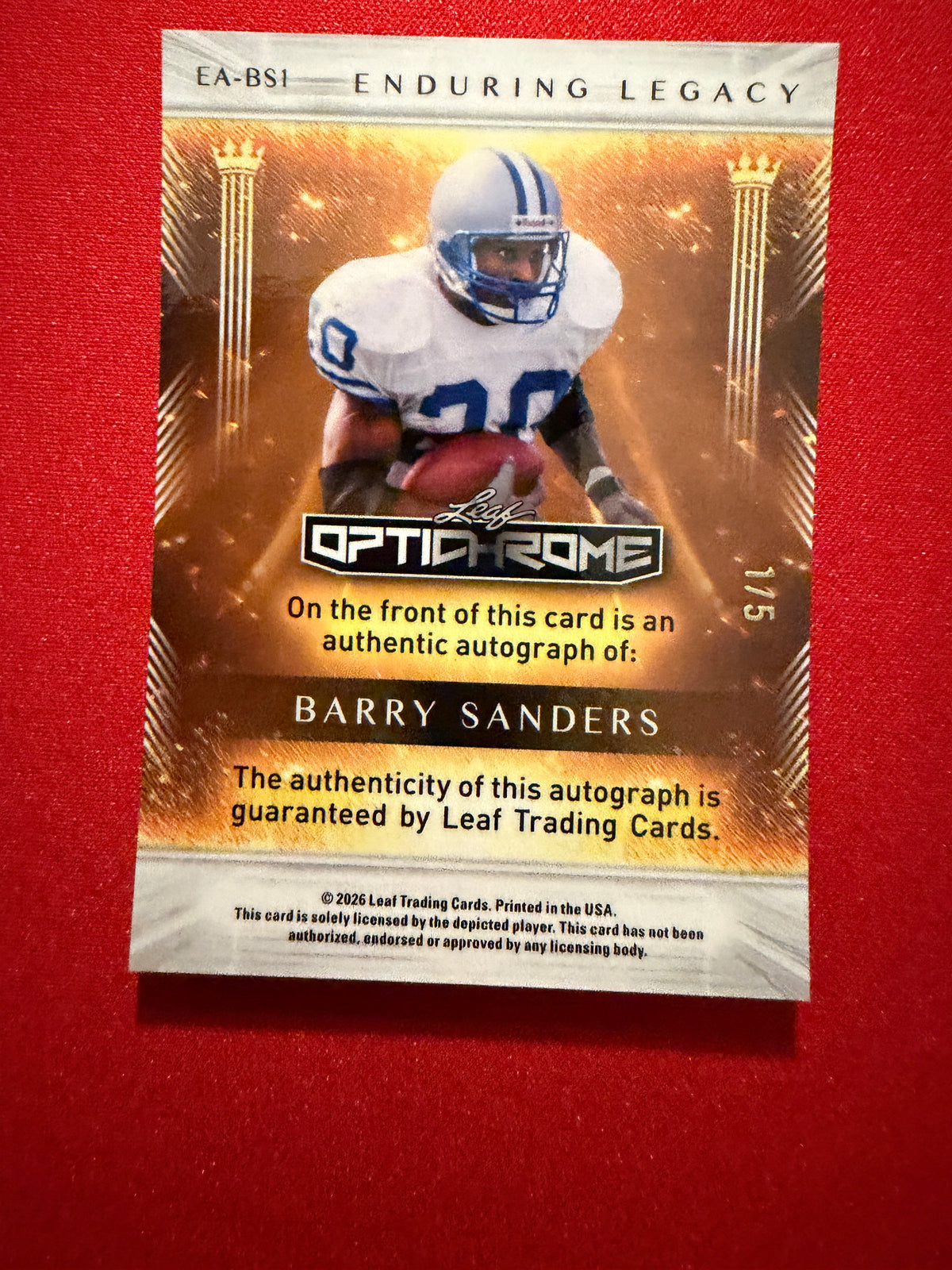 Barry Sanders 2026 Leaf Optichrome Football Enduring Legacy Auto Black 1/5