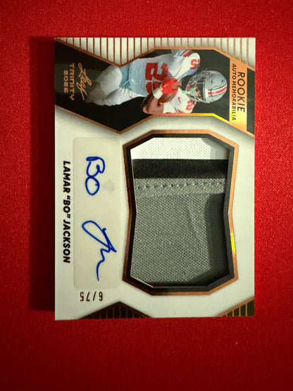Lamar "Bo" Jackson 2026 Leaf Trinity Rookie Auto Memo Multicolor Patch /75