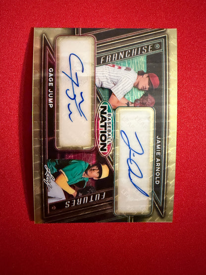 Jamie Arnold Gage Jump 2026 Leaf Baseball Nation Franchise Futures Dual Auto Gold Super Prismatic 1/1