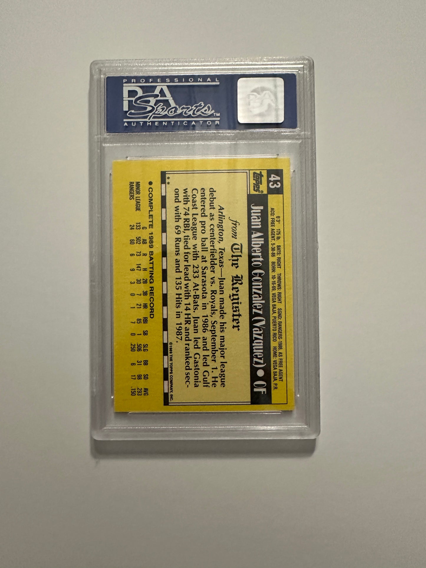 Juan Gonzalez #43 PSA Graded Mint 9 (1989 Topps M.L. Debut)
