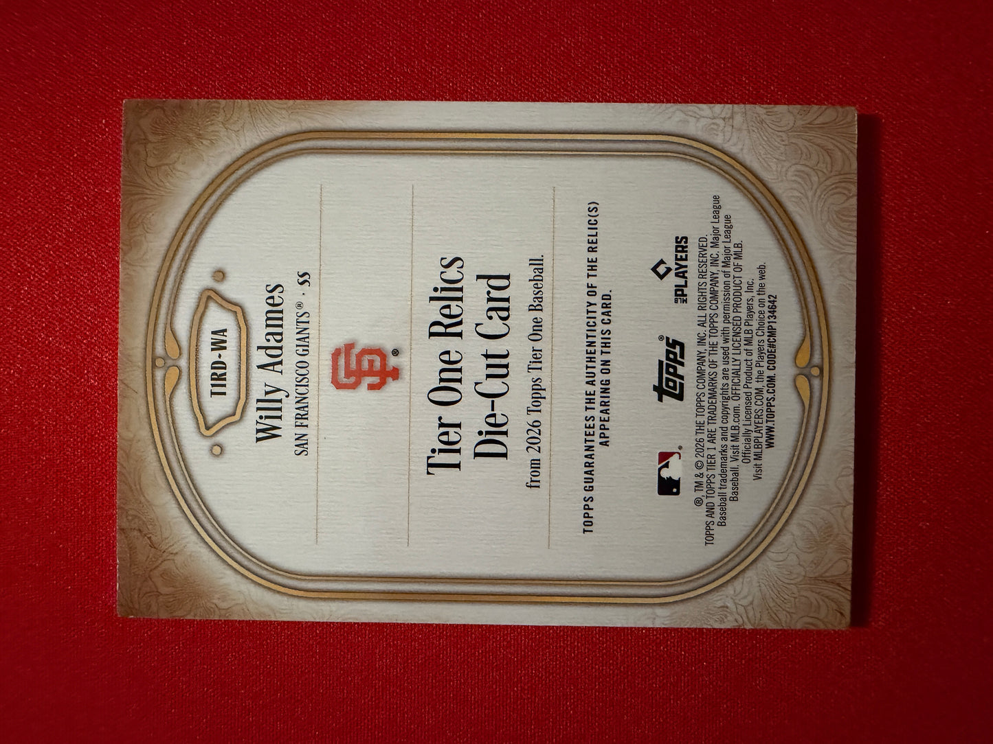 Willy Adames 2026 Topps Tier One Relics Die-Cut /49 Game-Used