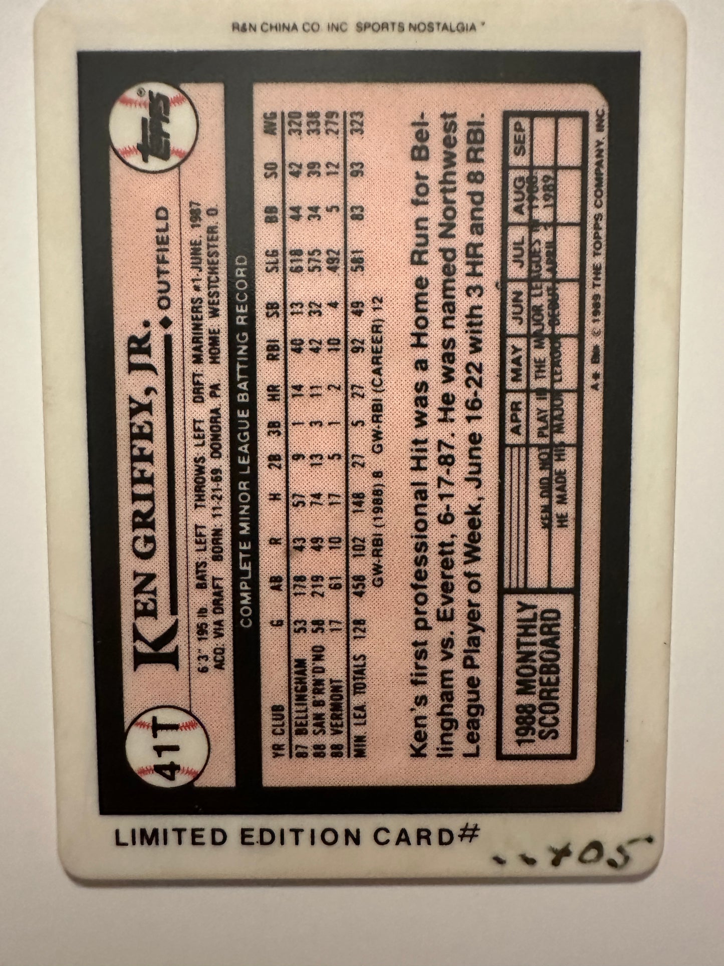 Ken Griffey Jr. #41T Porcelain Limited Edition Rookie Card (1989 Topps Traded)