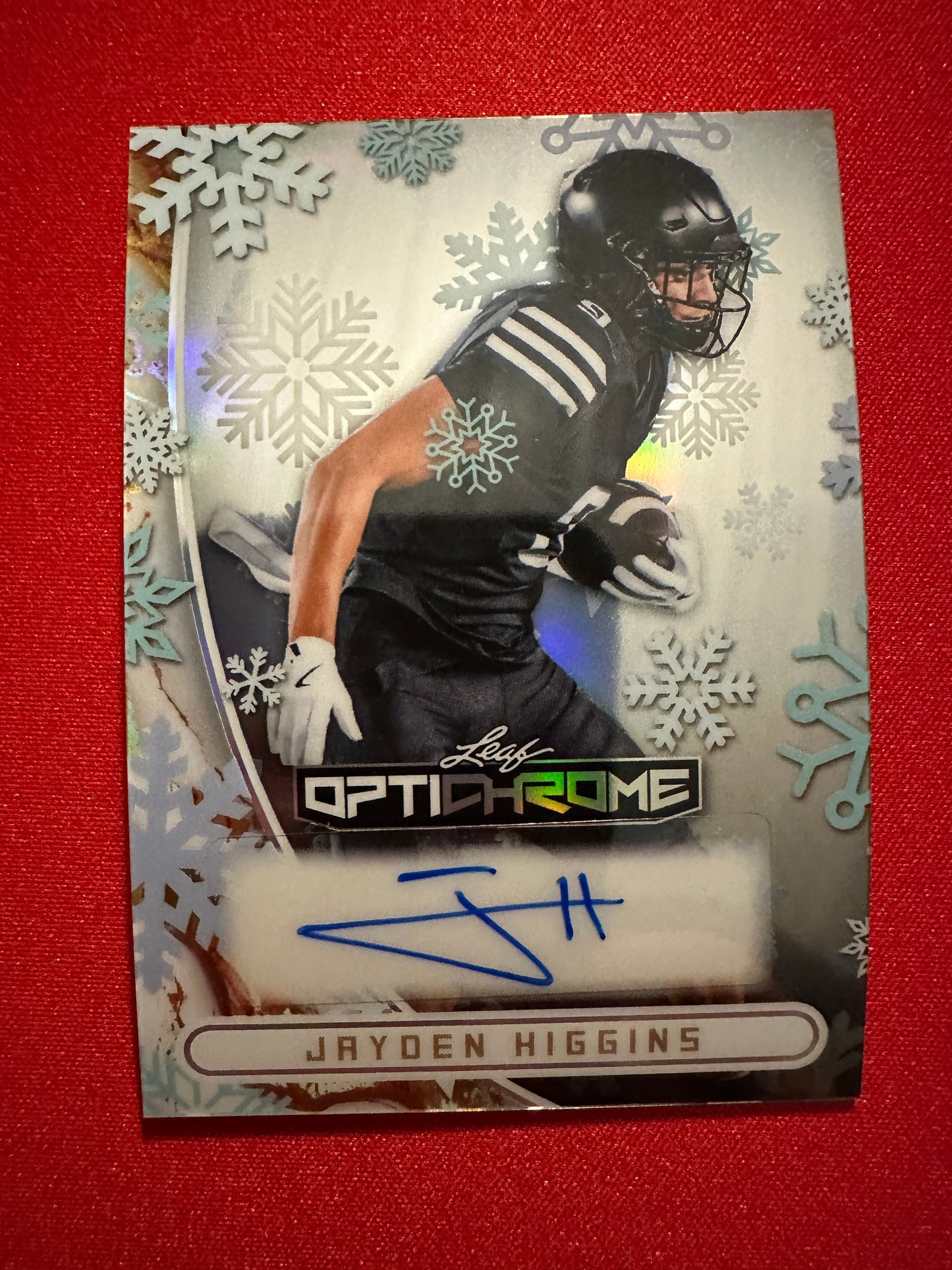 Jayden Higgins 2026 Leaf Optichrome Snow Day Silver Prismatic AUTO 5/5 Texans