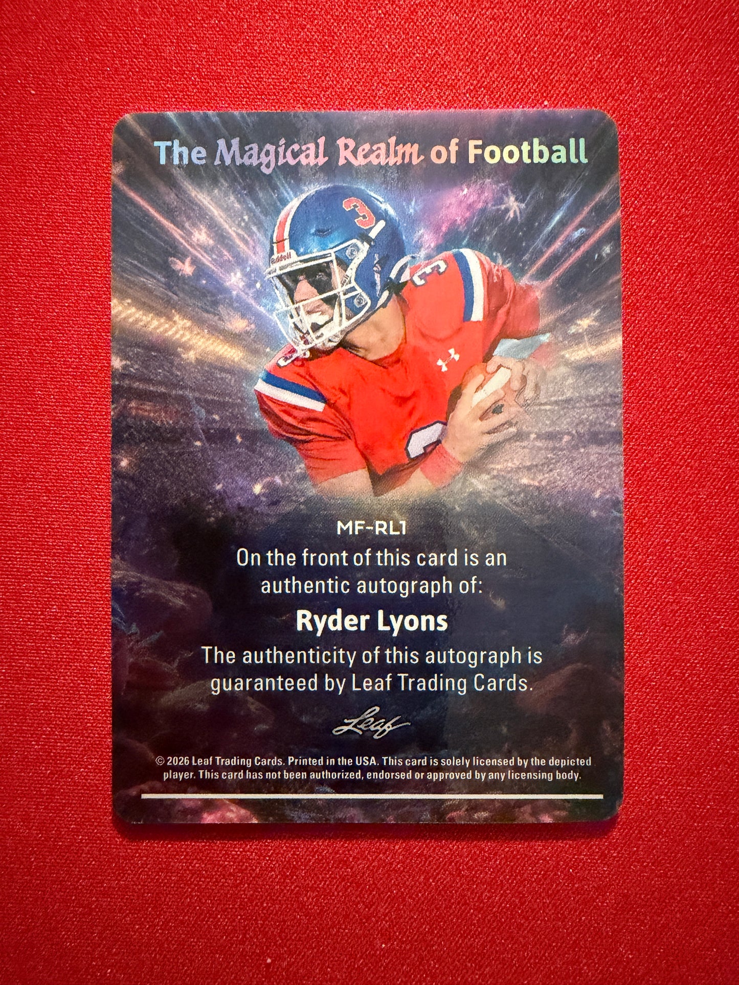 2026 Leaf Trinity Ryder Lyons Magical Realm of Football Auto Red /25