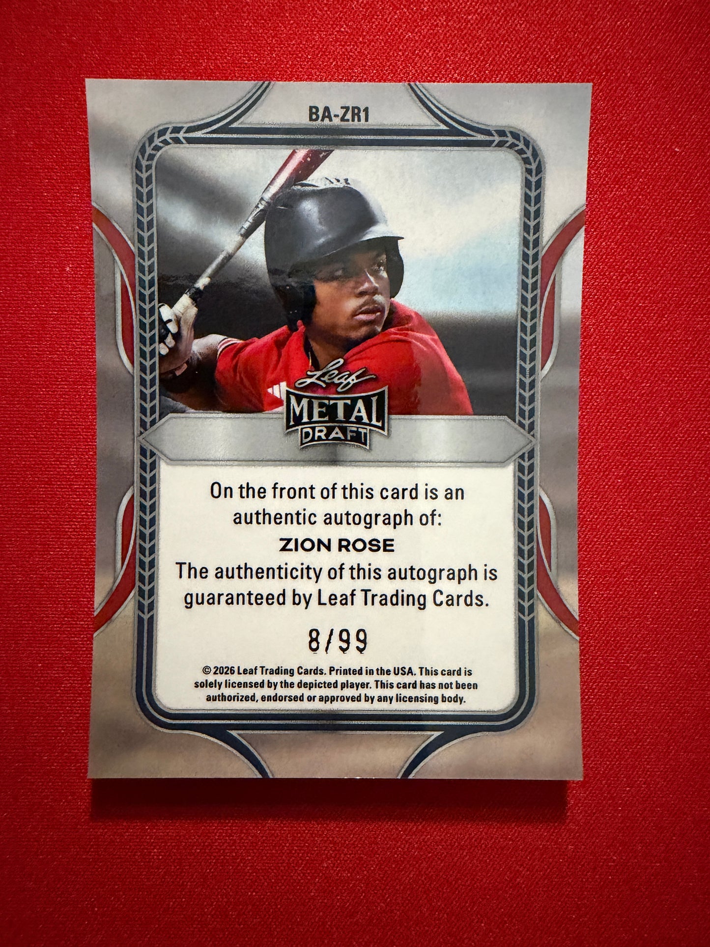 Zion Rose 2026 Leaf Metal Draft Edition Baseball Base Auto Platinum /99