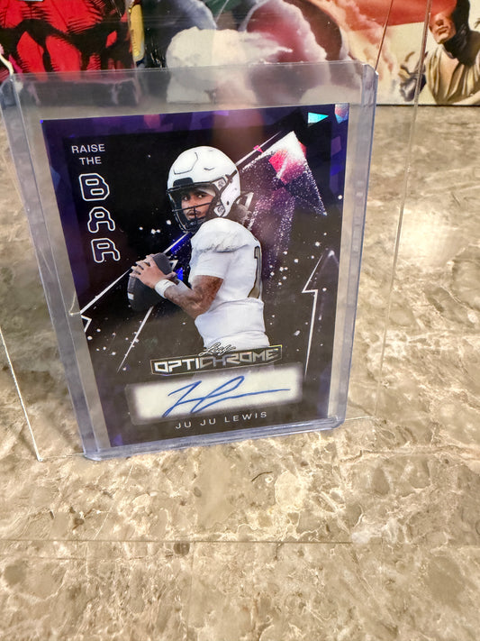 Juju Lewis 2026 Leaf Optichrome Football Auto Raise the Bar Purple Crystal 1/7