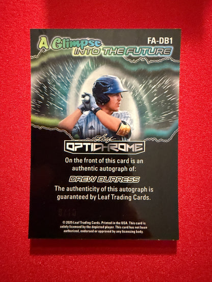 Drew Burress 2025 Leaf Optichrome Baseball Glimpse Into Future Auto Silver /10