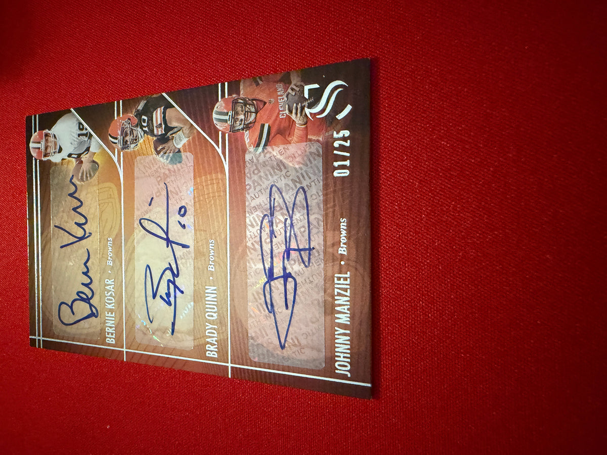 Bernie Kosar Brady Quinn Manziel 2025 Panini Silhouette Triple Autographs 1/25 Bookend