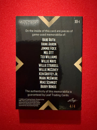 Babe Ruth Ted Williams Mays Griffey 2026 Leaf Ultimate XII 12 Game-Used 1/4
