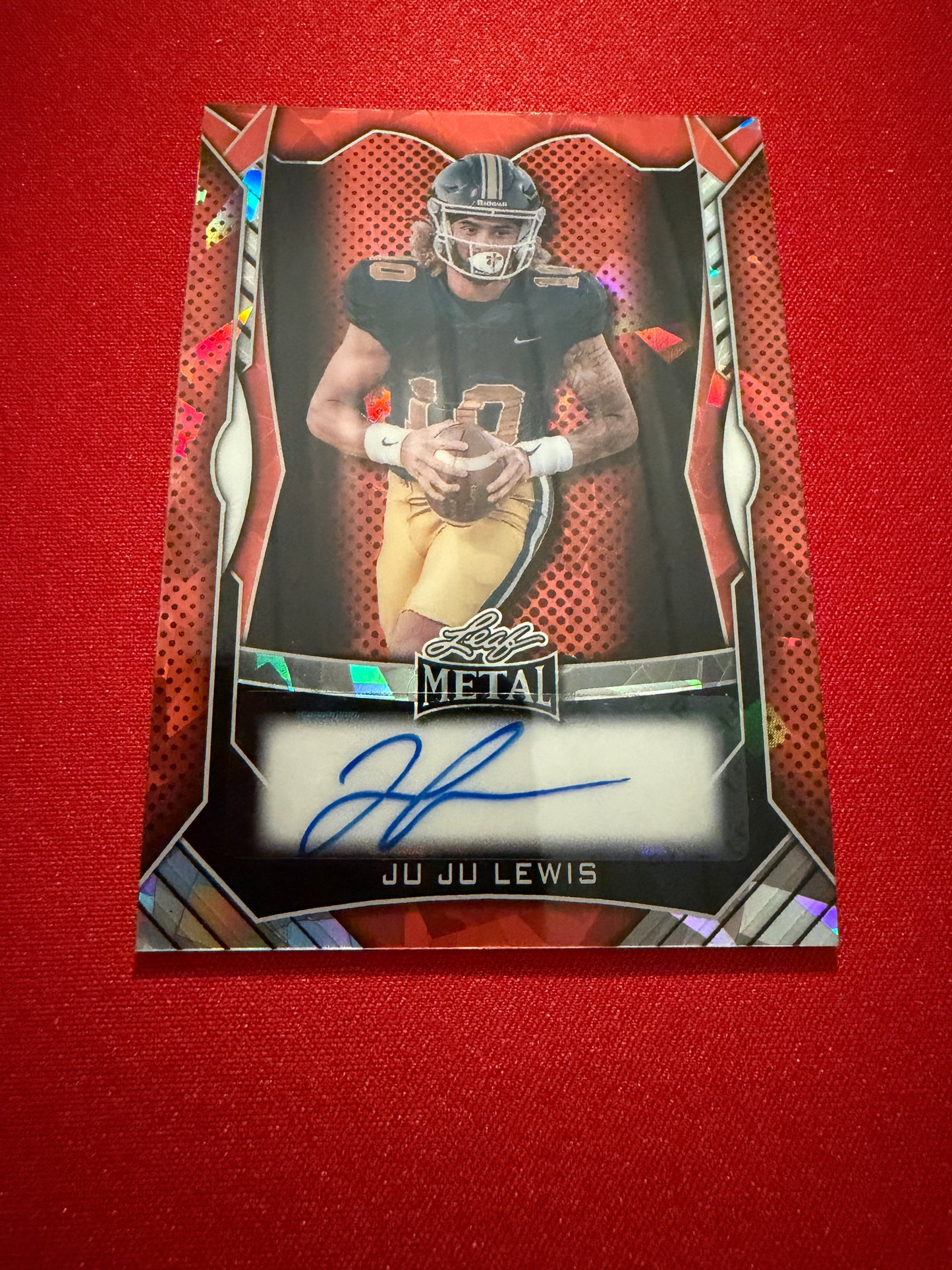 Juju Lewis 2026 Leaf Trinity Football Metal Auto Orange Crystal /40