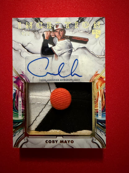 Coby Mayo 2025 Topps Inception Baseball Jumbo Auto Relic Hat Button /5 RC