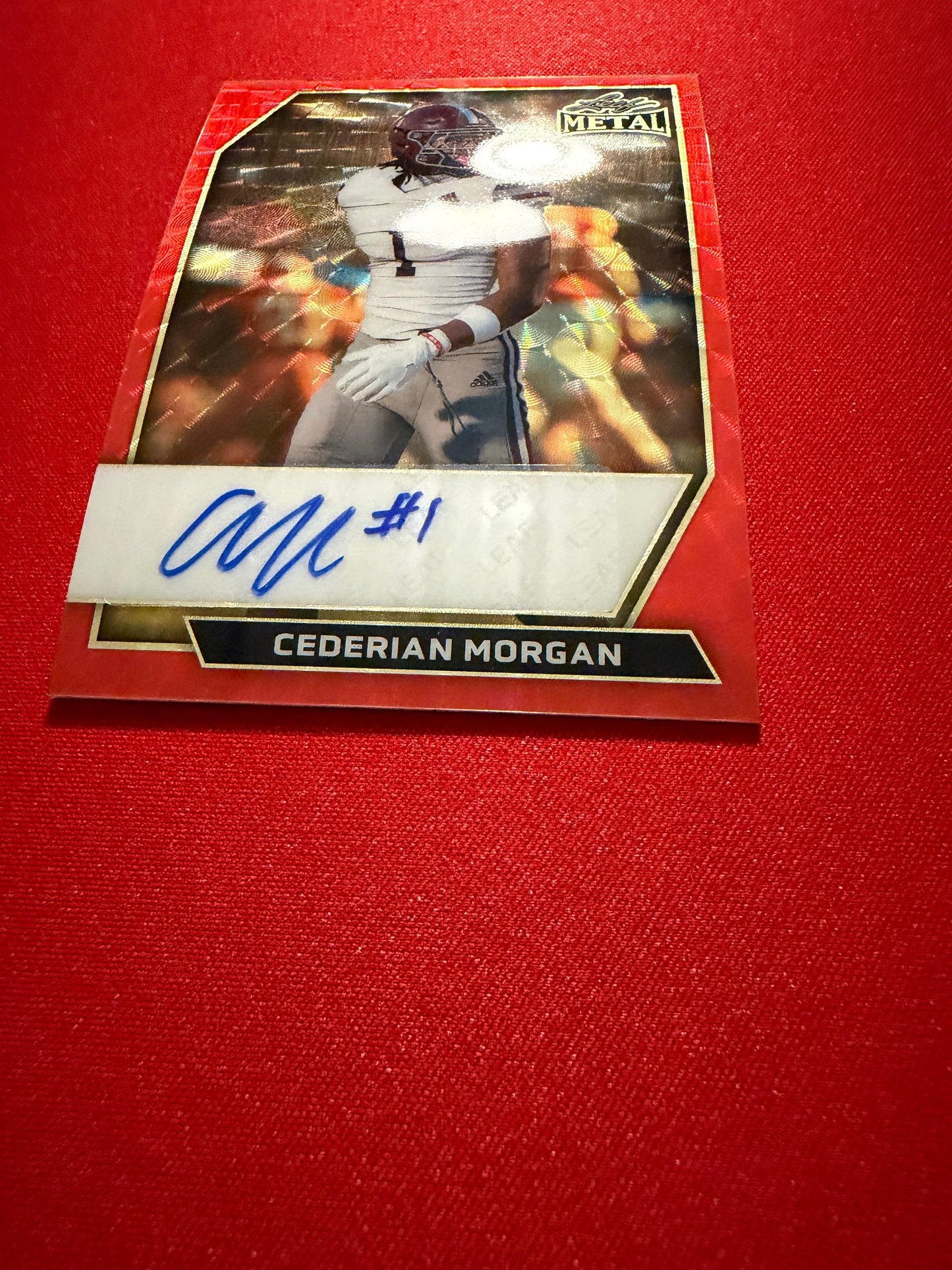 2026 Leaf Metal Football Cederian Morgan Red Flood Super Prismatic Auto