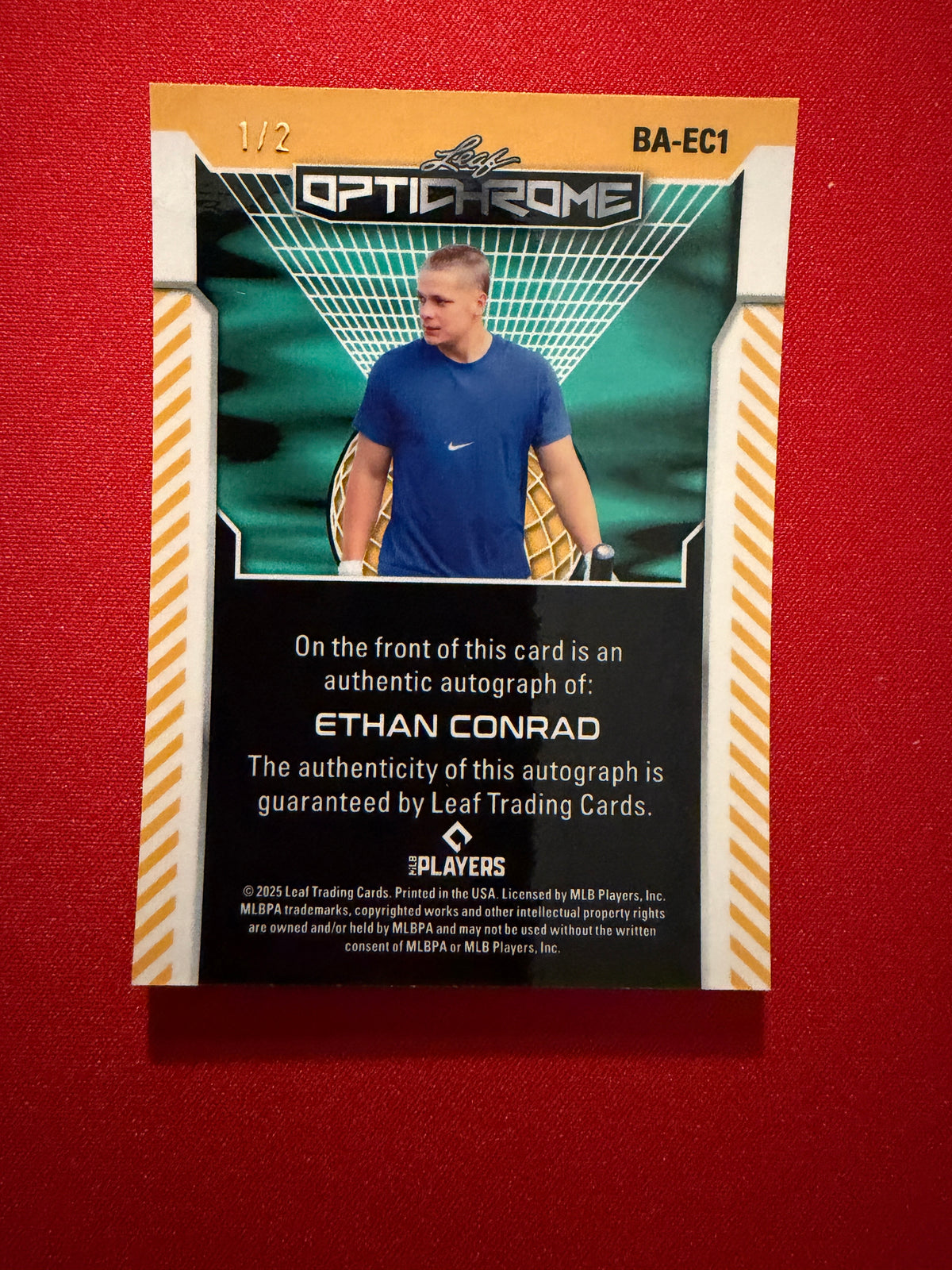 Ethan Conrad 2025 Leaf Optichrome Baseball Base Auto Red Lava 1/2