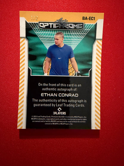 Ethan Conrad 2025 Leaf Optichrome Baseball Base Auto Red Lava 1/2