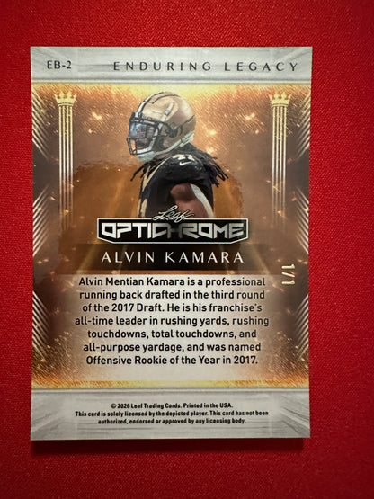 2026 Leaf Optichrome Football Alvin Kamara Enduring Legacy Black 1/1