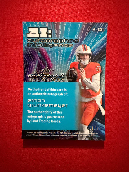 Ethan Grunkemeyer 2026 Leaf Autograph Collection Football AI Intelligence 1/1